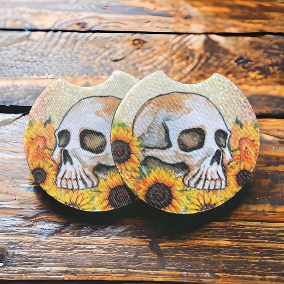 Sunflower Skull Car Coaster 2 Pack - Picture 1 of 12